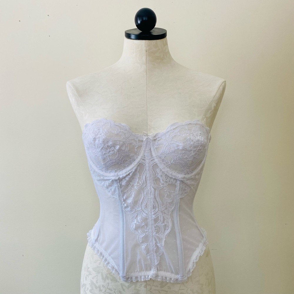 Vintage Vanity Fair Bustier White Lace Longline Corset Bra Shaper Sheer 36”